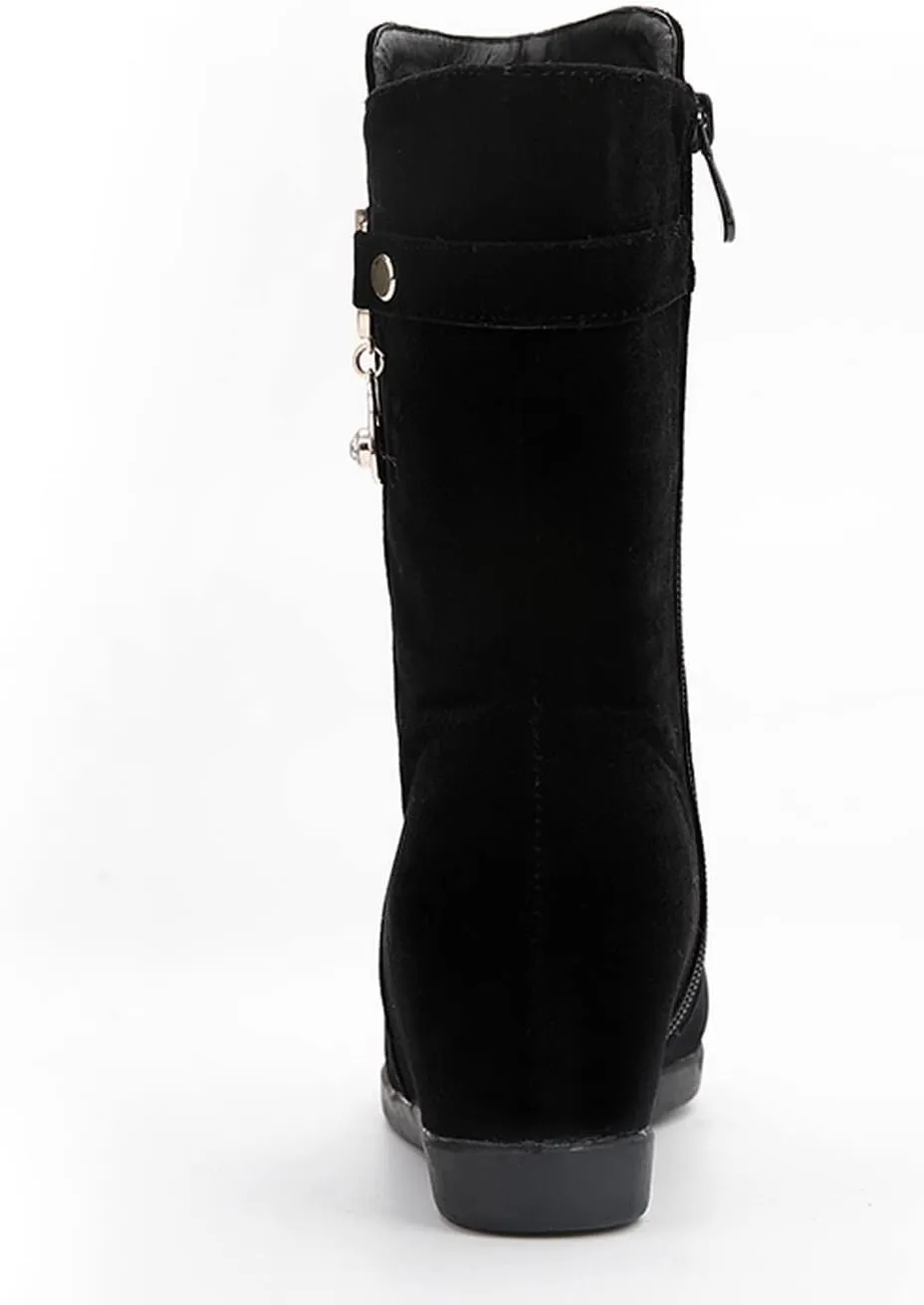 Yawors Womens BC101 Velvet Lining Zipper Metal Buckles Microsuede Flat Mid Calf Boots