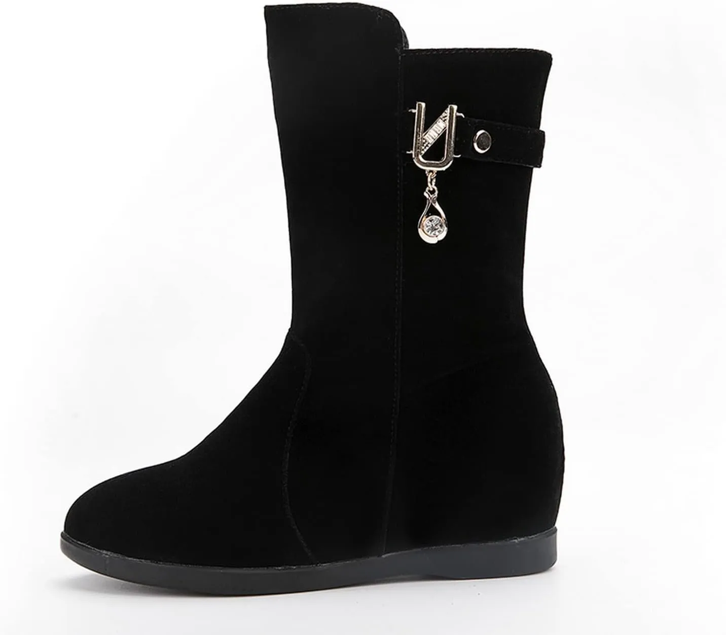 Yawors Womens BC101 Velvet Lining Zipper Metal Buckles Microsuede Flat Mid Calf Boots