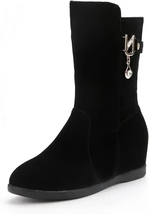Yawors Womens BC101 Velvet Lining Zipper Metal Buckles Microsuede Flat Mid Calf Boots