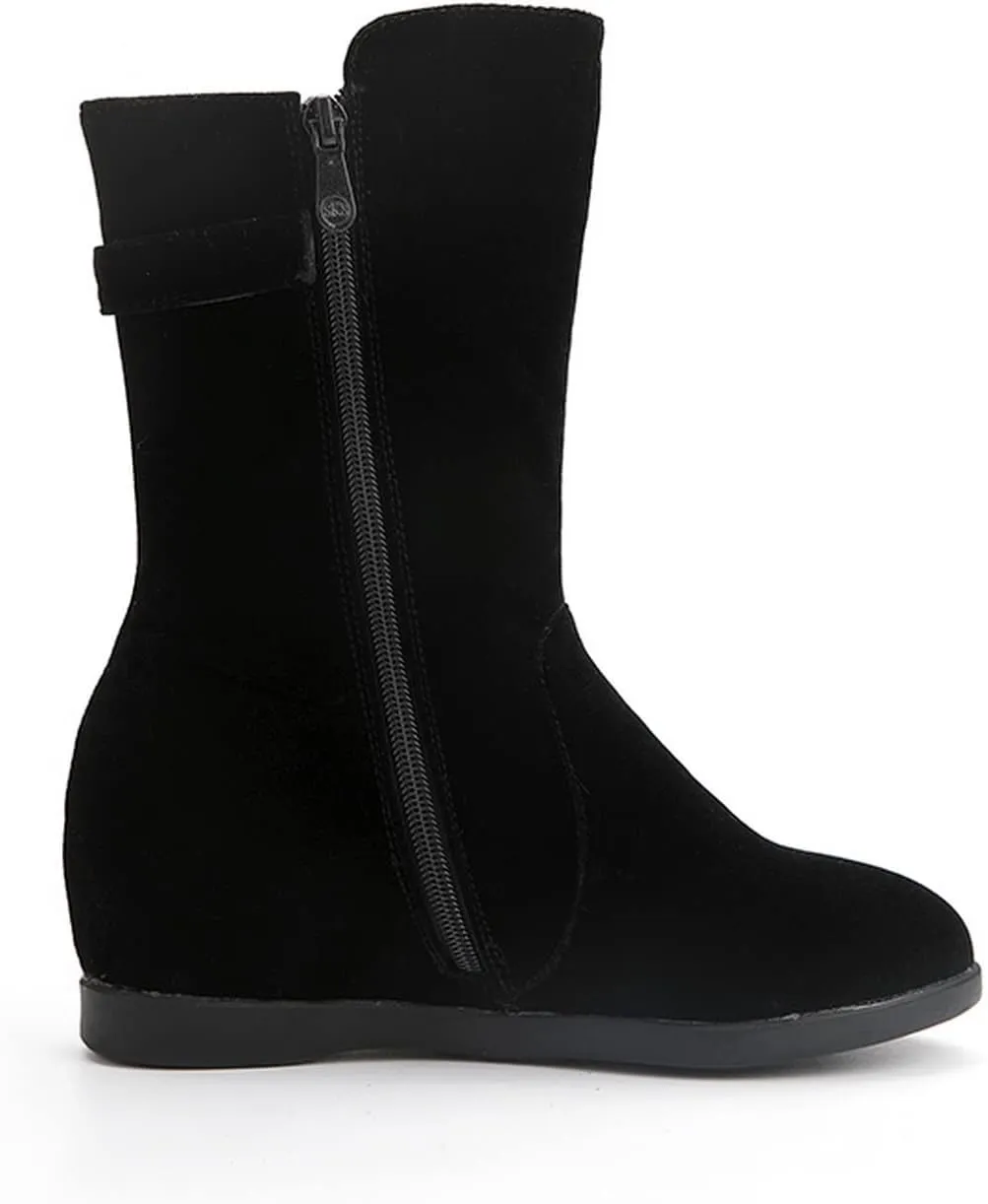 Yawors Womens BC101 Velvet Lining Zipper Metal Buckles Microsuede Flat Mid Calf Boots