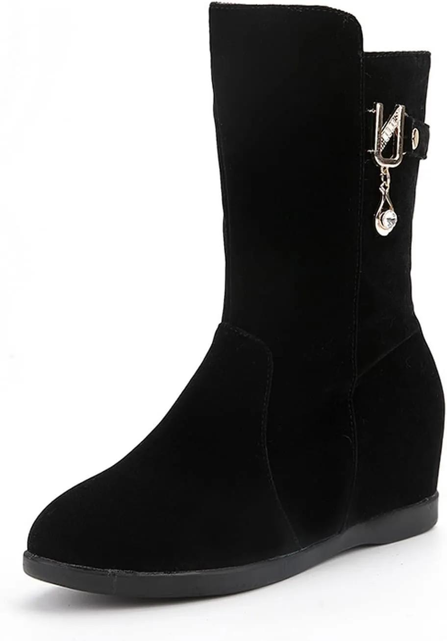 Yawors Womens BC101 Velvet Lining Zipper Metal Buckles Microsuede Flat Mid Calf Boots