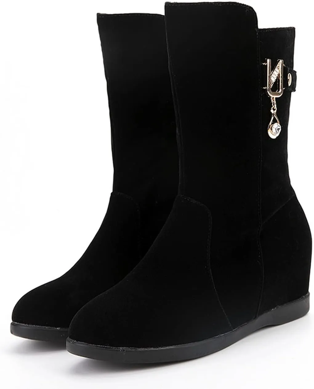 Yawors Womens BC101 Velvet Lining Zipper Metal Buckles Microsuede Flat Mid Calf Boots