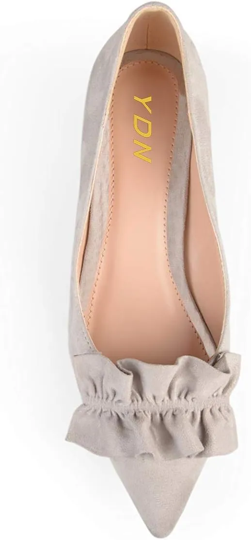 YDN Women Gorgeous Ruffled Kitten Heel Pumps Slip On Suede Pointed Toe Basic Office Court Shoes