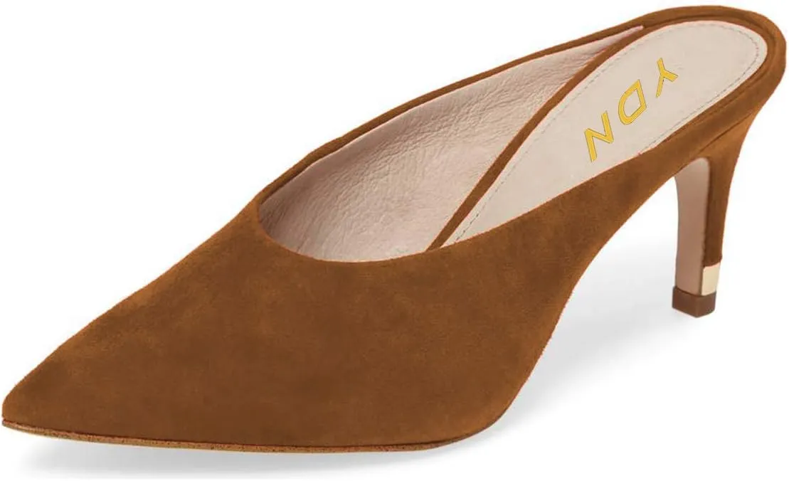 YDN Women Pointed Toe Thin Mid Heel Backless Mules Pumps Slip On Slide Dress Shoes