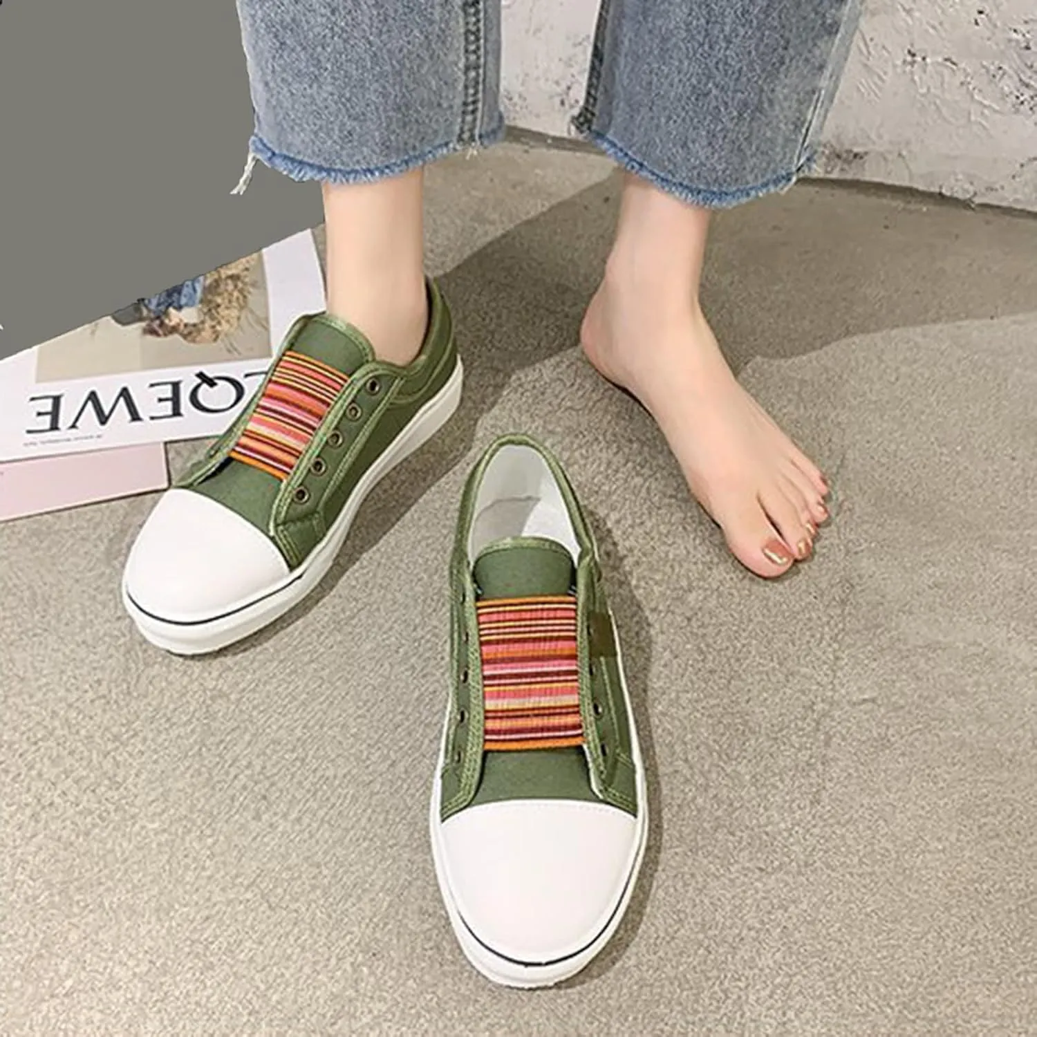 YIBLBOX Women's Canvas Slip on Sneakers Casual Slip on Walking Shoes Womens Flat Dress Shoes Non Slip Work Shoes