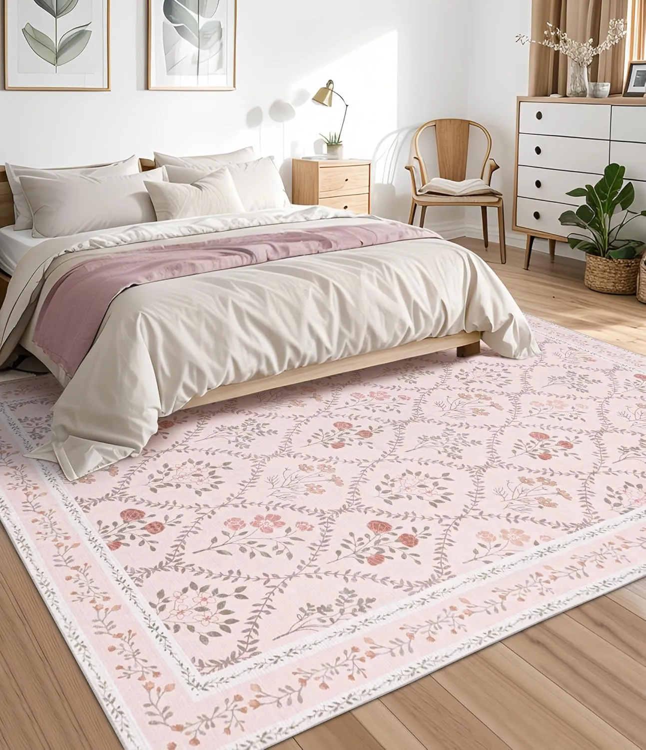 YIHOUSE 5x7 Washable Rug for Bedroom, Pink Floral Rugs for Living Room Non Slip Ultra-Thin Large Boho Rug for Kids Playroom, Classroom, Girls Dorm, Nursery, Pink Multi