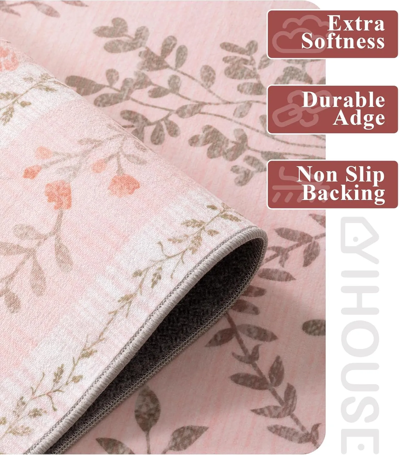 YIHOUSE 5x7 Washable Rug for Bedroom, Pink Floral Rugs for Living Room Non Slip Ultra-Thin Large Boho Rug for Kids Playroom, Classroom, Girls Dorm, Nursery, Pink Multi