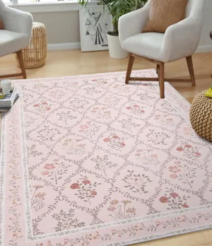 YIHOUSE 5x7 Washable Rug for Bedroom, Pink Floral Rugs for Living Room Non Slip Ultra-Thin Large Boho Rug for Kids Playroom, Classroom, Girls Dorm, Nursery, Pink Multi