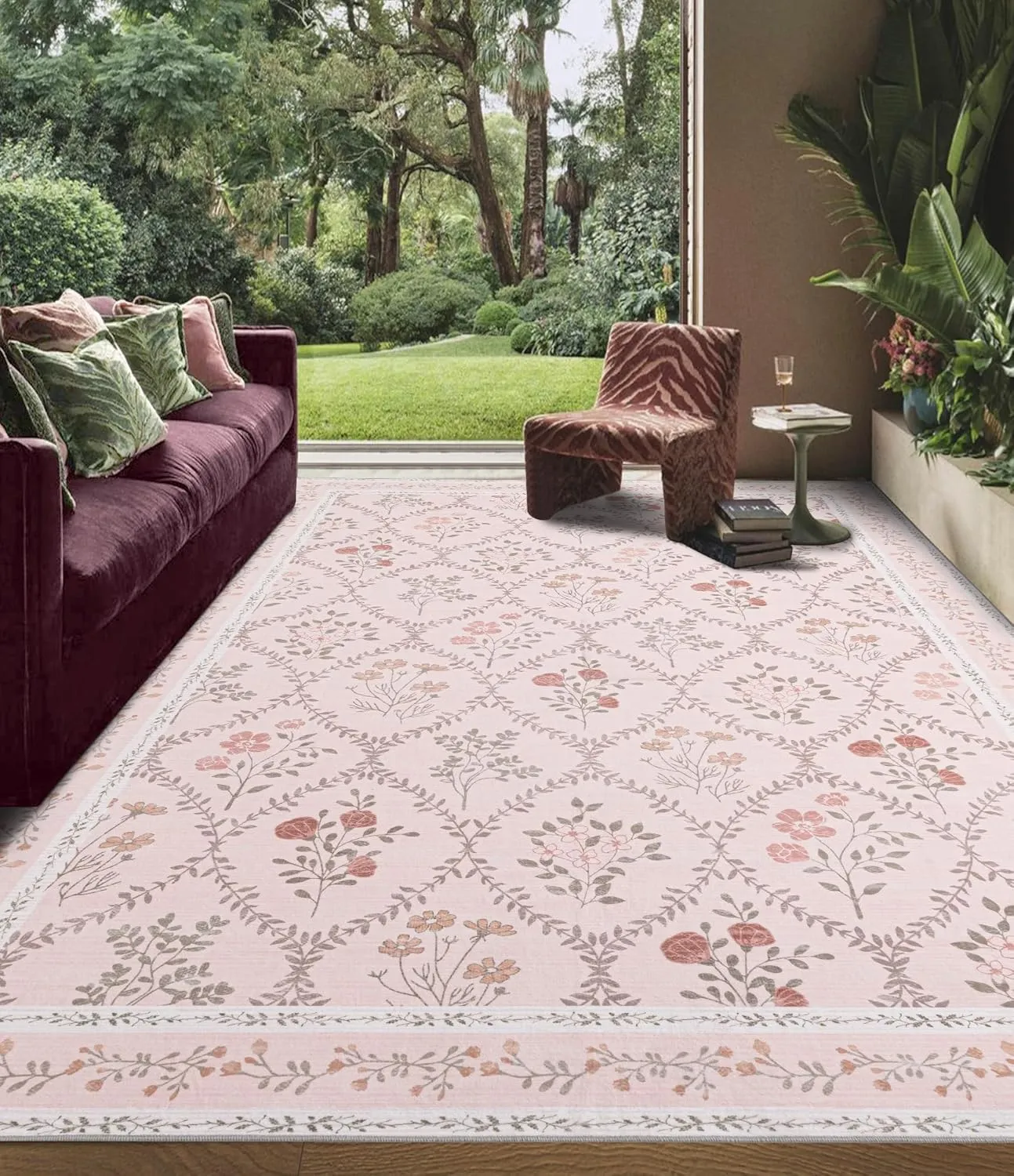 YIHOUSE 5x7 Washable Rug for Bedroom, Pink Floral Rugs for Living Room Non Slip Ultra-Thin Large Boho Rug for Kids Playroom, Classroom, Girls Dorm, Nursery, Pink Multi
