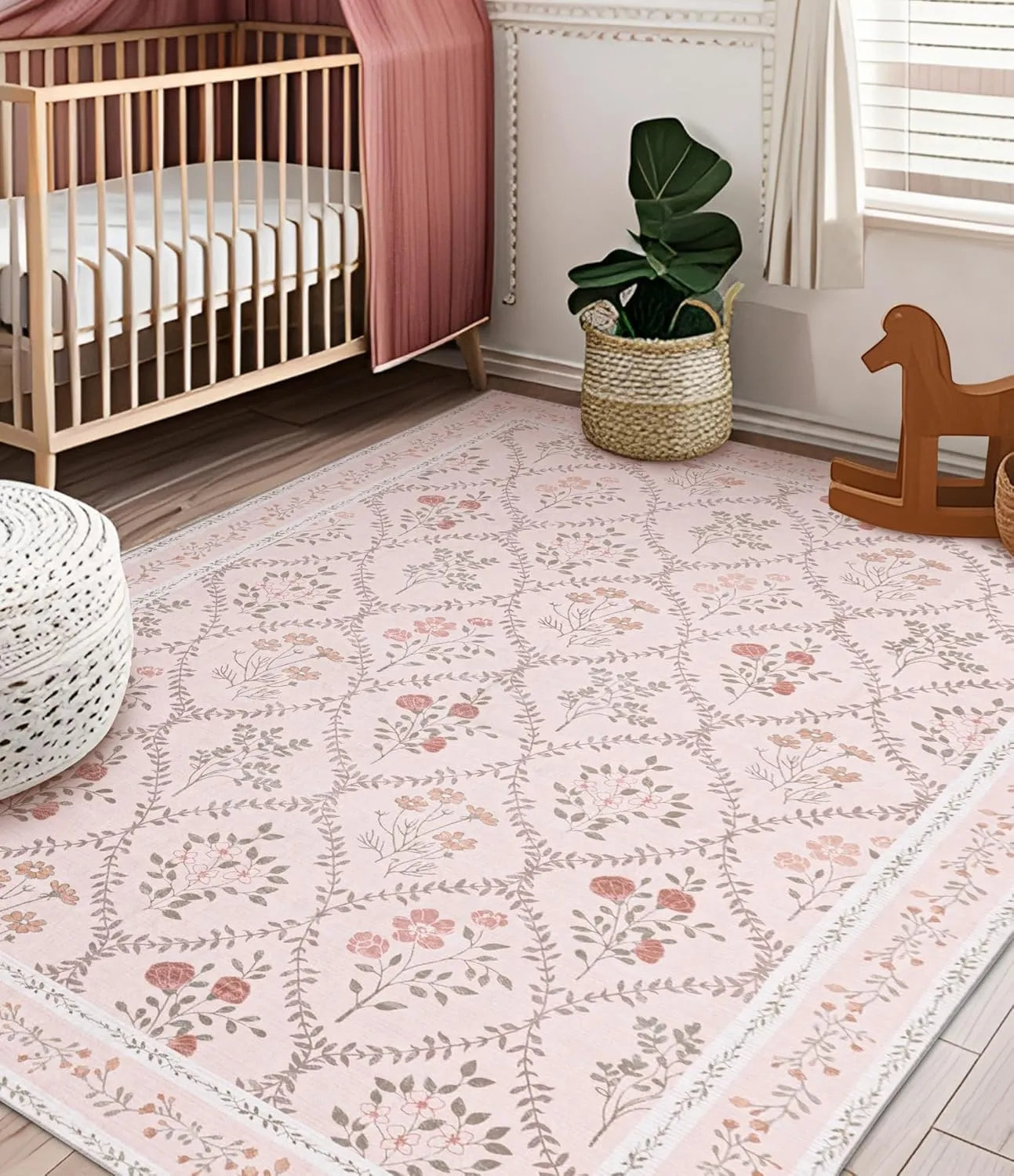 YIHOUSE 5x7 Washable Rug for Bedroom, Pink Floral Rugs for Living Room Non Slip Ultra-Thin Large Boho Rug for Kids Playroom, Classroom, Girls Dorm, Nursery, Pink Multi