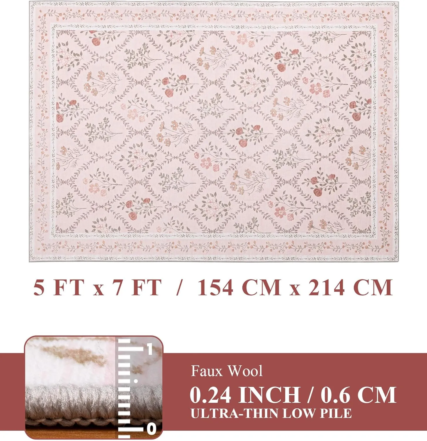 YIHOUSE 5x7 Washable Rug for Bedroom, Pink Floral Rugs for Living Room Non Slip Ultra-Thin Large Boho Rug for Kids Playroom, Classroom, Girls Dorm, Nursery, Pink Multi