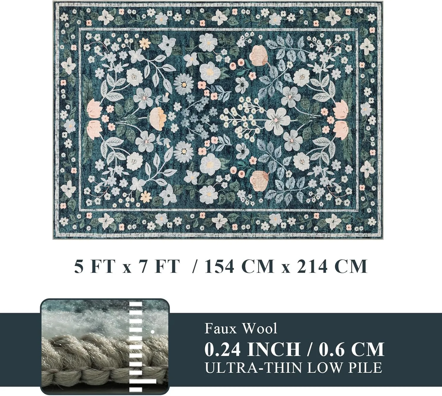 YIHOUSE Floral Green 5x7 Washable Living Room Area Rug, Non Slip Boho Soft Bedroom Rug, Ultra Thin Colorful Flower Throw Carpet for Dining Room Home Office Dark Green,5'x7'