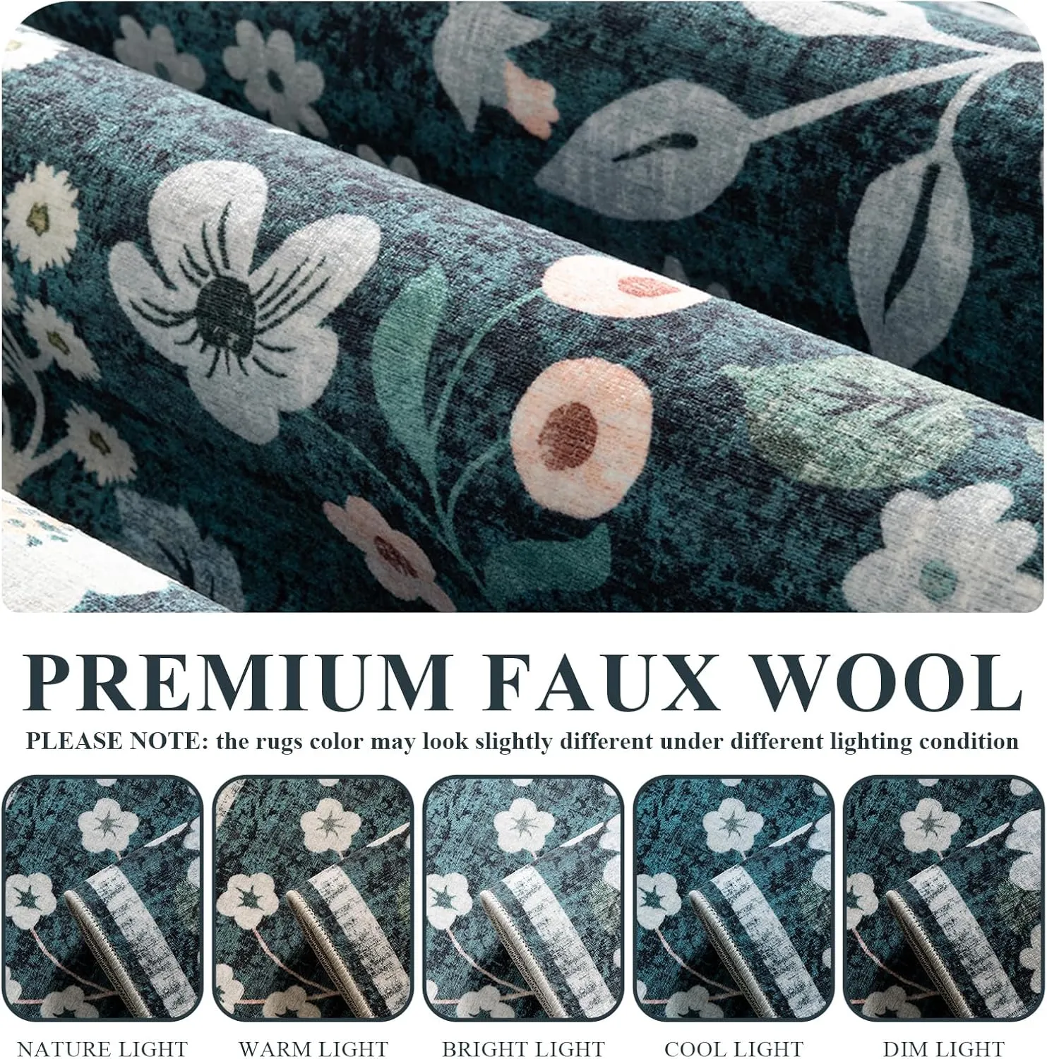 YIHOUSE Floral Green 5x7 Washable Living Room Area Rug, Non Slip Boho Soft Bedroom Rug, Ultra Thin Colorful Flower Throw Carpet for Dining Room Home Office Dark Green,5'x7'