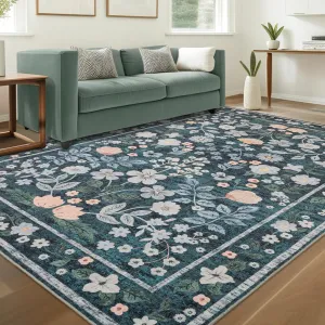 YIHOUSE Floral Green 5x7 Washable Living Room Area Rug, Non Slip Boho Soft Bedroom Rug, Ultra Thin Colorful Flower Throw Carpet for Dining Room Home Office Dark Green,5'x7'
