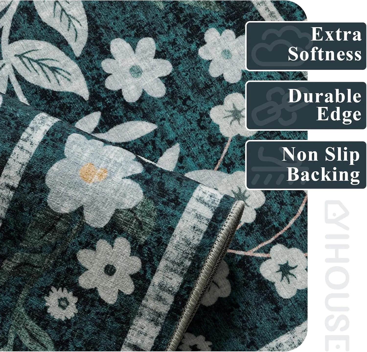 YIHOUSE Floral Green 5x7 Washable Living Room Area Rug, Non Slip Boho Soft Bedroom Rug, Ultra Thin Colorful Flower Throw Carpet for Dining Room Home Office Dark Green,5'x7'