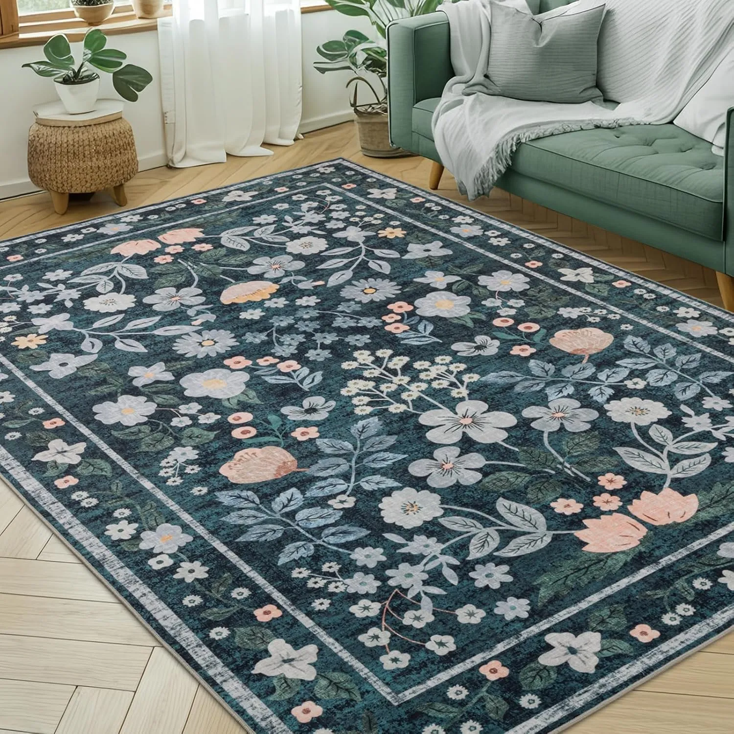 YIHOUSE Floral Green 5x7 Washable Living Room Area Rug, Non Slip Boho Soft Bedroom Rug, Ultra Thin Colorful Flower Throw Carpet for Dining Room Home Office Dark Green,5'x7'