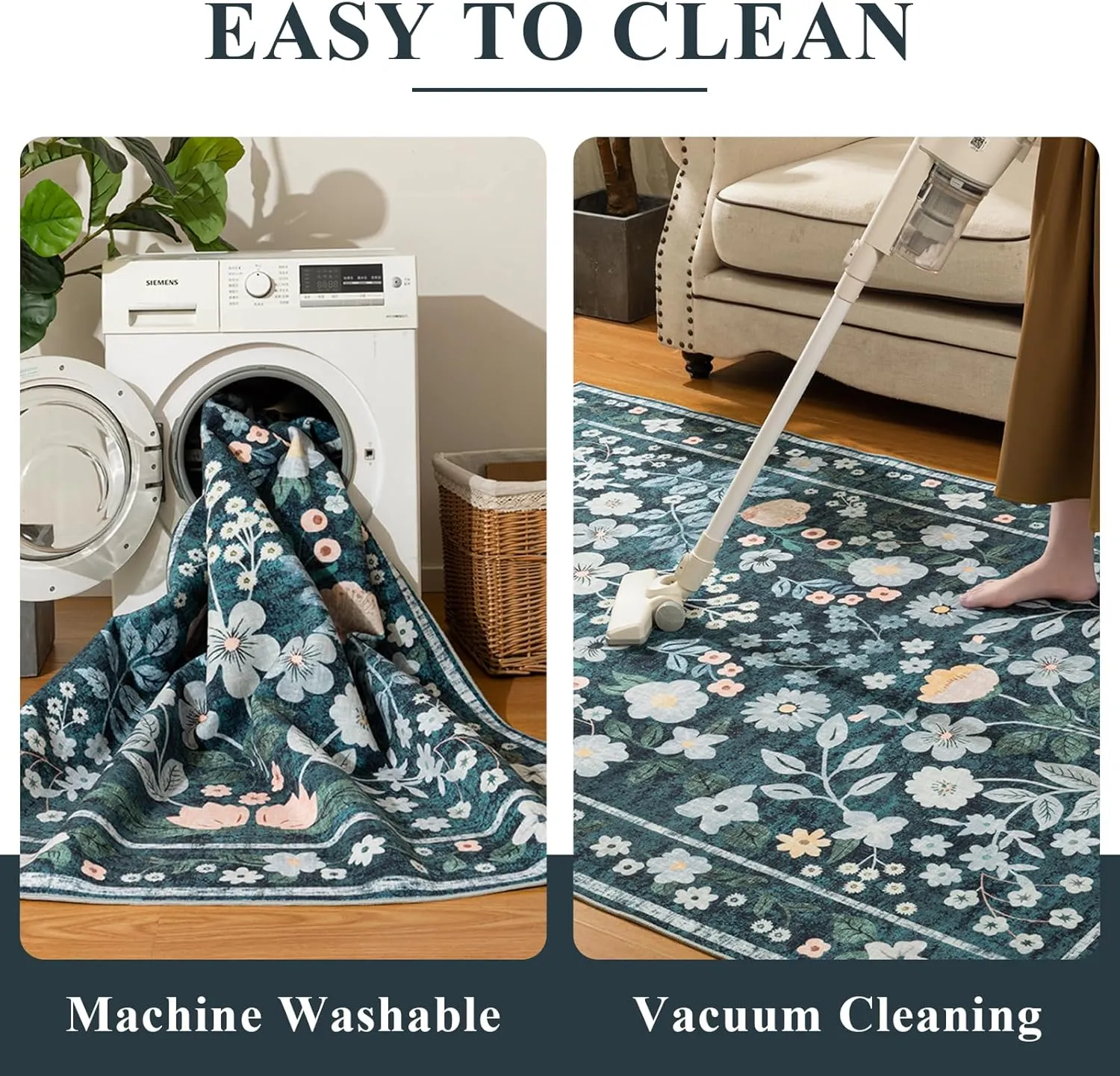 YIHOUSE Floral Green 5x7 Washable Living Room Area Rug, Non Slip Boho Soft Bedroom Rug, Ultra Thin Colorful Flower Throw Carpet for Dining Room Home Office Dark Green,5'x7'