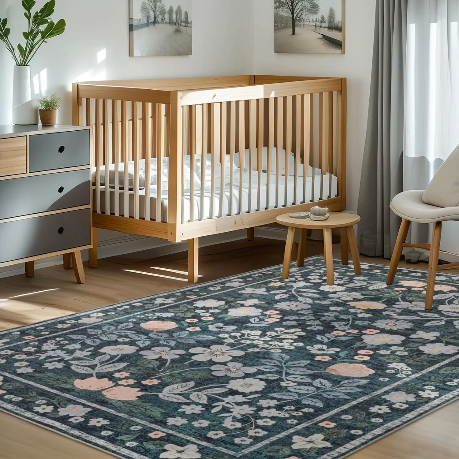 YIHOUSE Floral Green 5x7 Washable Living Room Area Rug, Non Slip Boho Soft Bedroom Rug, Ultra Thin Colorful Flower Throw Carpet for Dining Room Home Office Dark Green,5'x7'