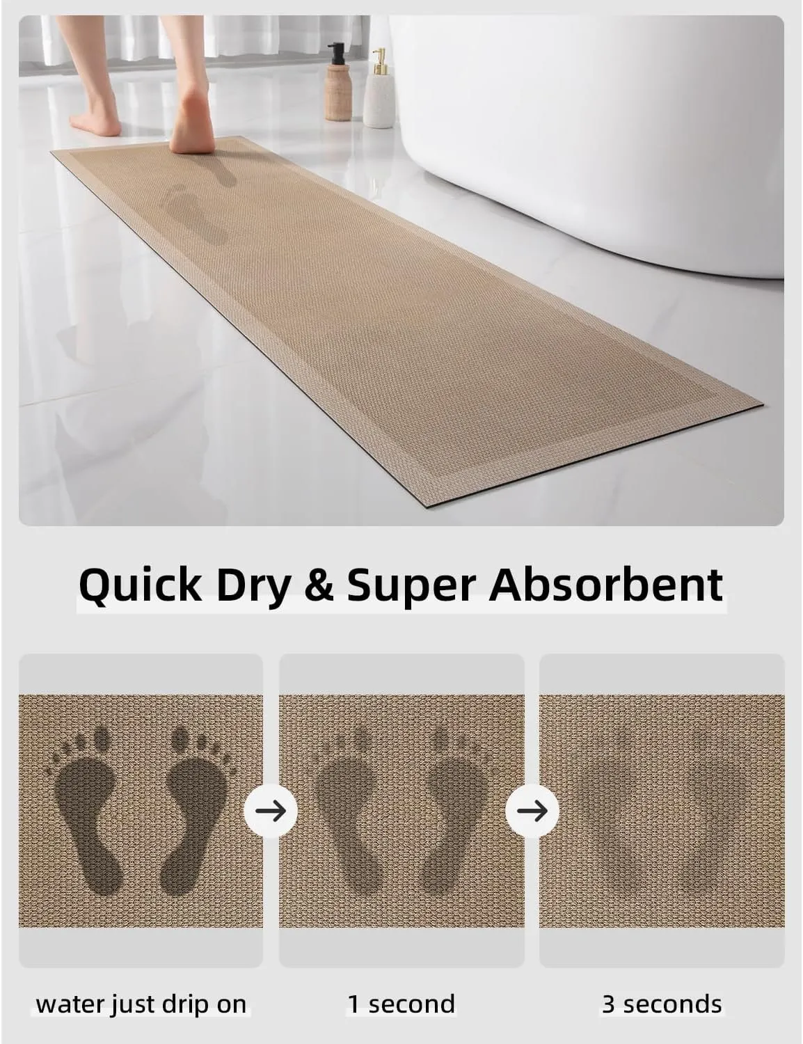YIHOUSE Ultra Thin Jute Print Bath Mat -59"x 17" Super Absorbent Quick Dry Thin Bathroom Rugs Fit Under Door, Non Slip Rubber Backed Mat Washable Bathroom Floor Mats for Shower Room,Sink