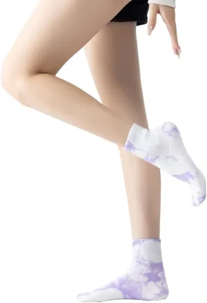 Yoga Pilates Socks with Grips for Women Non Slip Fleece Tie Dye Cushioned Ankle Socks for Barre Ballet Dance