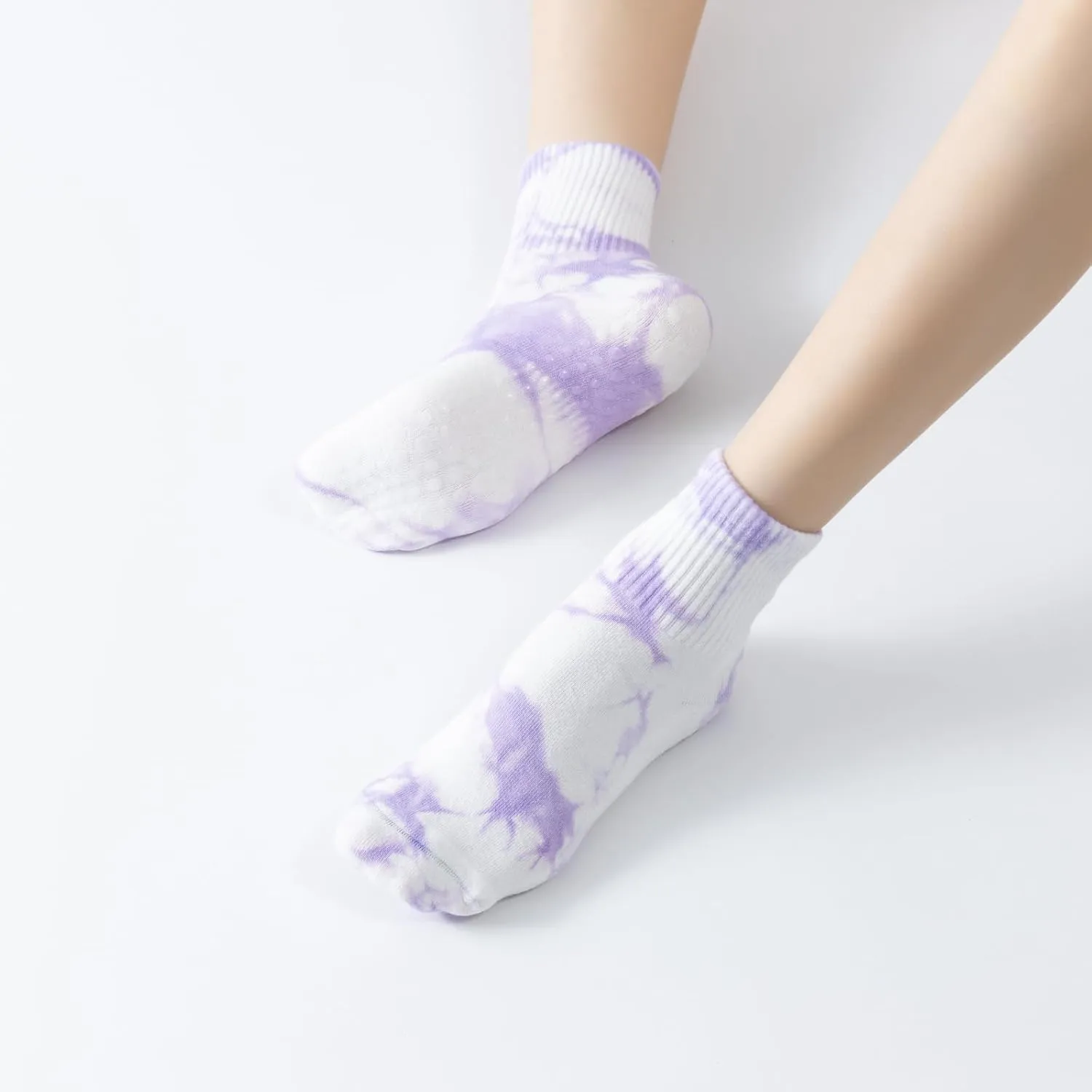 Yoga Pilates Socks with Grips for Women Non Slip Fleece Tie Dye Cushioned Ankle Socks for Barre Ballet Dance