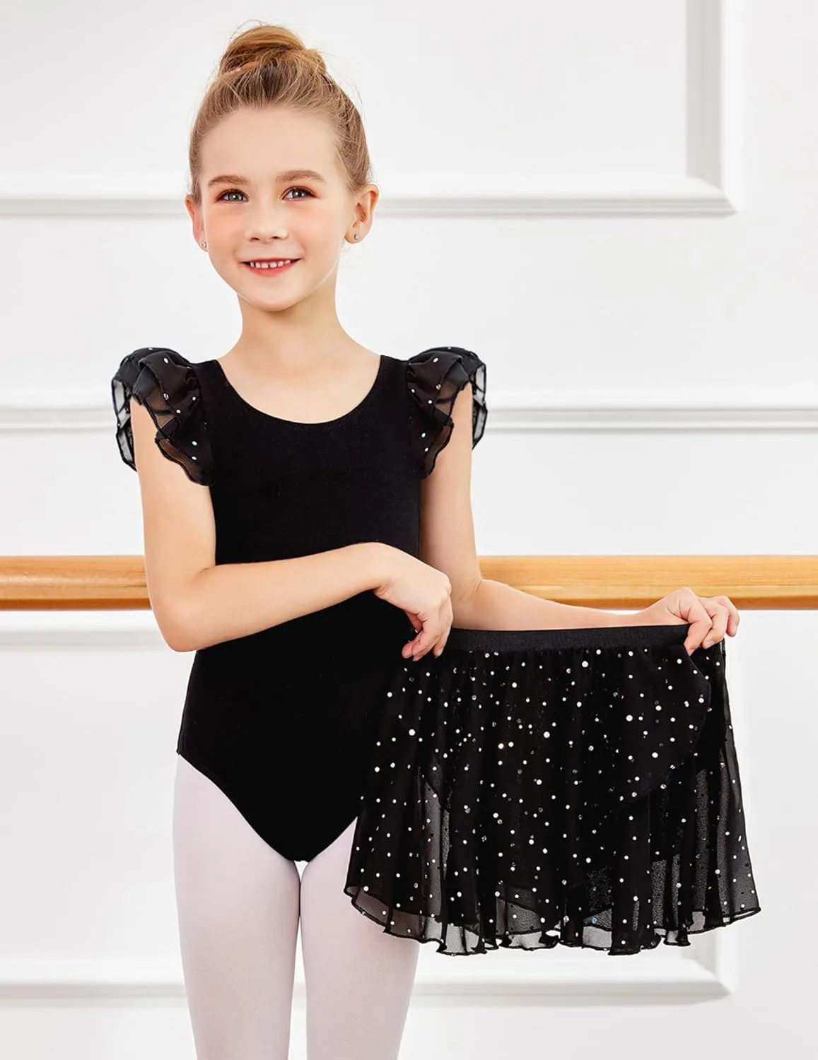 Zaclotre Girls Ballet Leotards Toddler Ruffle Sleeve Bow Back Dance Outfits Leotard with Removable Shinny Skirt Combo