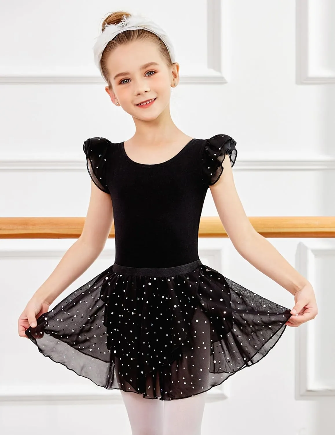Zaclotre Girls Ballet Leotards Toddler Ruffle Sleeve Bow Back Dance Outfits Leotard with Removable Shinny Skirt Combo