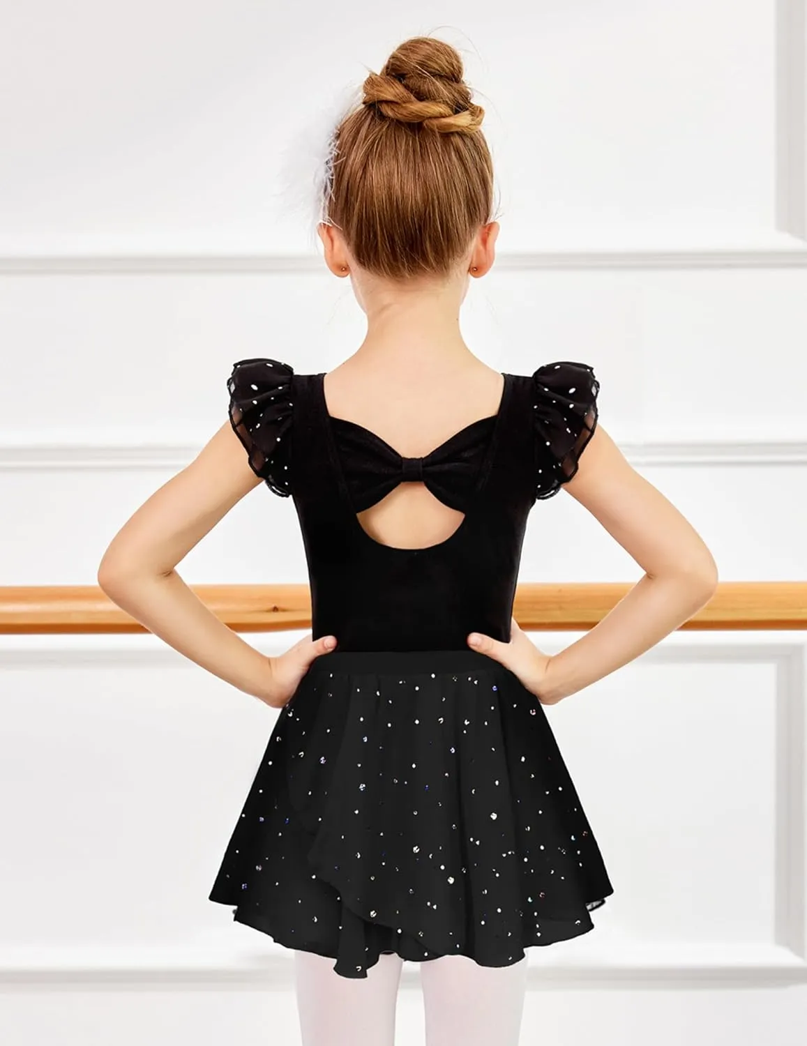 Zaclotre Girls Ballet Leotards Toddler Ruffle Sleeve Bow Back Dance Outfits Leotard with Removable Shinny Skirt Combo