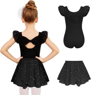 Zaclotre Girls Ballet Leotards Toddler Ruffle Sleeve Bow Back Dance Outfits Leotard with Removable Shinny Skirt Combo
