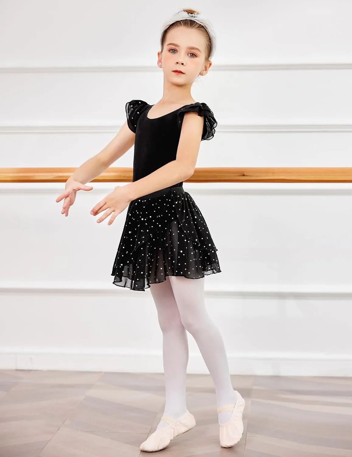 Zaclotre Girls Ballet Leotards Toddler Ruffle Sleeve Bow Back Dance Outfits Leotard with Removable Shinny Skirt Combo