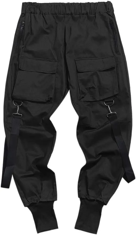 ZAFUL Men's Side Multi Flap Pockets Mid Waist Drawstring Cargo Jogger Pants Beam Feet Pants