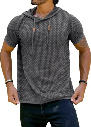 Zaitun Men's Short Sleeve Hoodie Shirt Casual Waffle Knitted Pullover Sweater