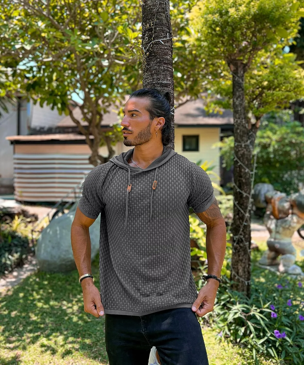 Zaitun Men's Short Sleeve Hoodie Shirt Casual Waffle Knitted Pullover Sweater