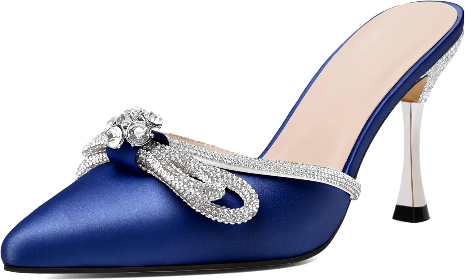 Zamikoo Women's Mule Sandals, Pointed Toe Slip On Stiletto Heel Sandals, High Heel Mules with Bowknot, Sparkly Rhinestone Heels for Summer 3.5 Inches