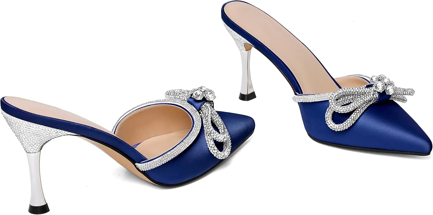 Zamikoo Women's Mule Sandals, Pointed Toe Slip On Stiletto Heel Sandals, High Heel Mules with Bowknot, Sparkly Rhinestone Heels for Summer 3.5 Inches