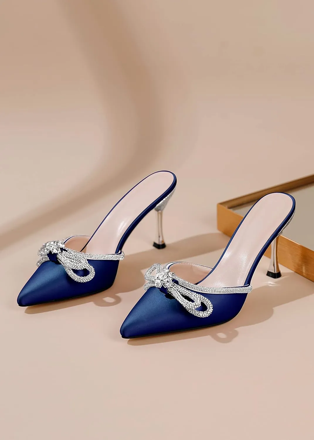 Zamikoo Women's Mule Sandals, Pointed Toe Slip On Stiletto Heel Sandals, High Heel Mules with Bowknot, Sparkly Rhinestone Heels for Summer 3.5 Inches