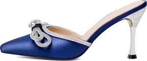 Zamikoo Women's Mule Sandals, Pointed Toe Slip On Stiletto Heel Sandals, High Heel Mules with Bowknot, Sparkly Rhinestone Heels for Summer 3.5 Inches