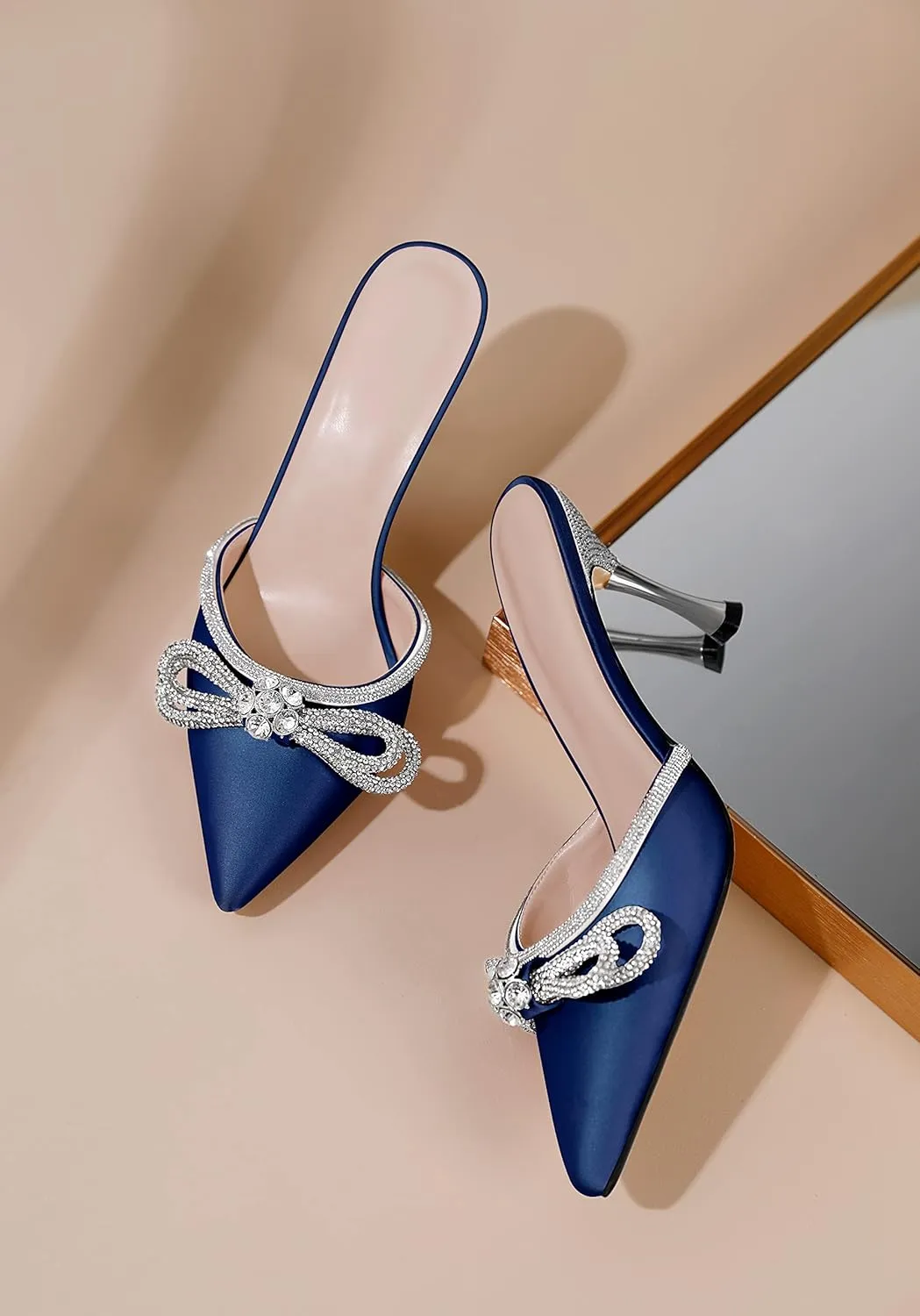Zamikoo Women's Mule Sandals, Pointed Toe Slip On Stiletto Heel Sandals, High Heel Mules with Bowknot, Sparkly Rhinestone Heels for Summer 3.5 Inches
