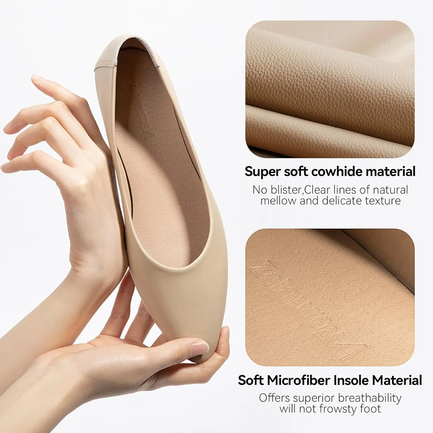 Zelaprox Women's Casual Pointed Toe Ballet Comfort Soft Leather Slip On Cowhide Flats Shoes Work Flats Office Shoes Casual Dressy Shoes