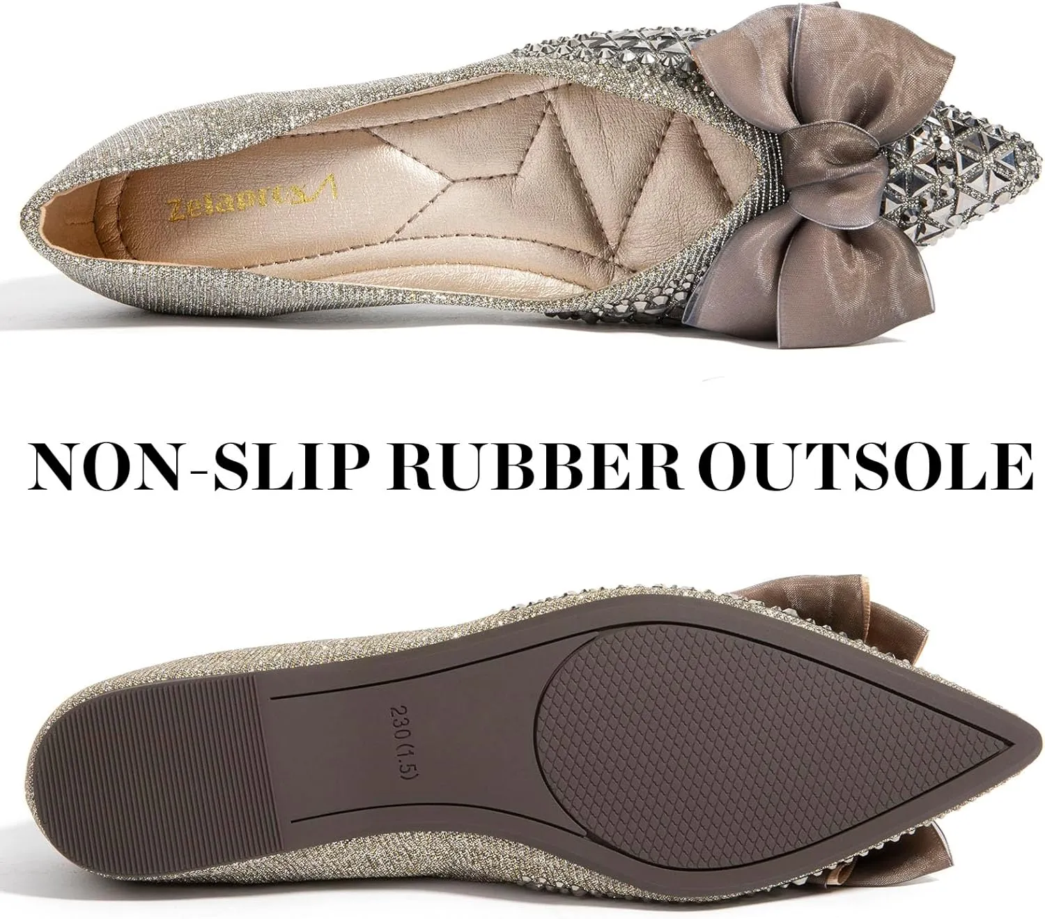Zelaprox Women's Flats Shoes Rhinestone Pointed Toe Comfort Dressy Flat Silver Bowknot Casual Ballet Shoes