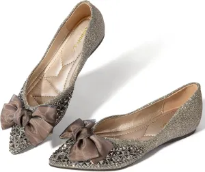 Zelaprox Women's Flats Shoes Rhinestone Pointed Toe Comfort Dressy Flat Silver Bowknot Casual Ballet Shoes