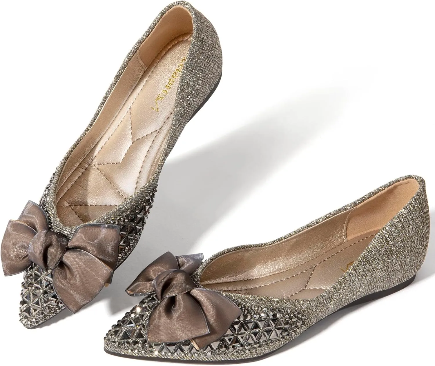 Zelaprox Women's Flats Shoes Rhinestone Pointed Toe Comfort Dressy Flat Silver Bowknot Casual Ballet Shoes