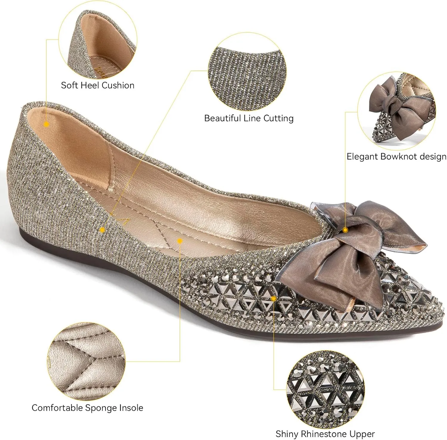 Zelaprox Women's Flats Shoes Rhinestone Pointed Toe Comfort Dressy Flat Silver Bowknot Casual Ballet Shoes