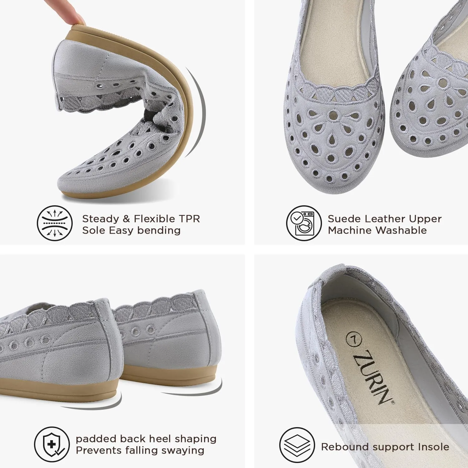 ZURIN Women's Floral Ballet Flats Round Toe Flat Comfortable Dressy Black Beige Flat Dress Shoes Suede Microfiber Slip on Mesh Flats