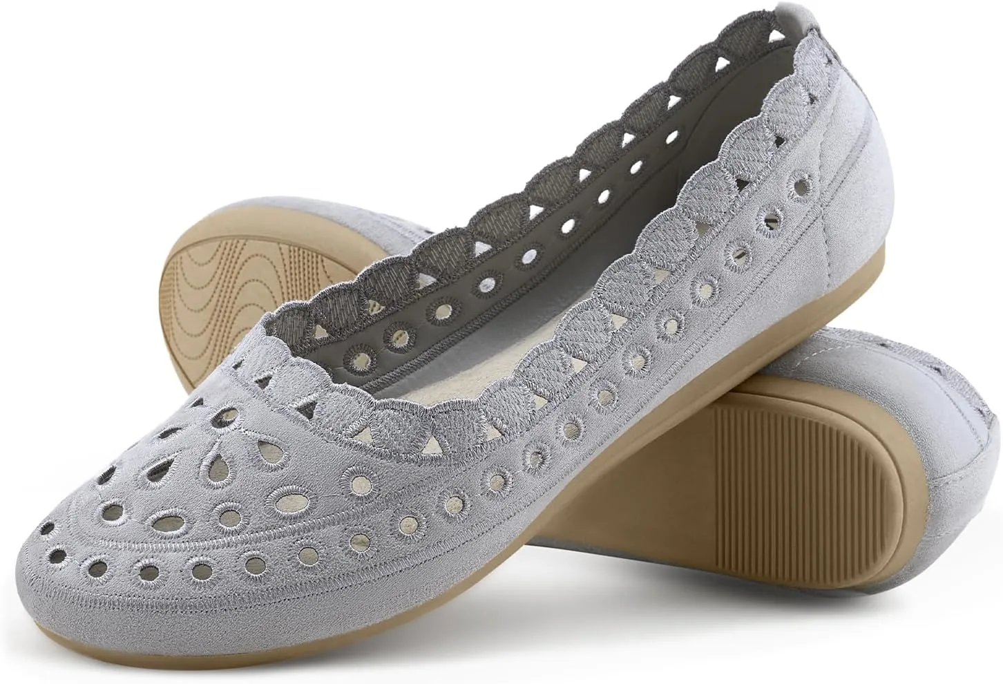 ZURIN Women's Floral Ballet Flats Round Toe Flat Comfortable Dressy Black Beige Flat Dress Shoes Suede Microfiber Slip on Mesh Flats